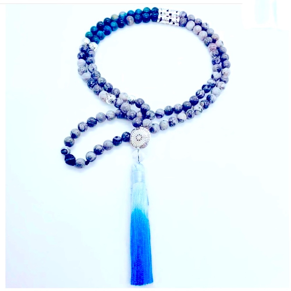 Mala Bead Necklace, Jasper and Apatite